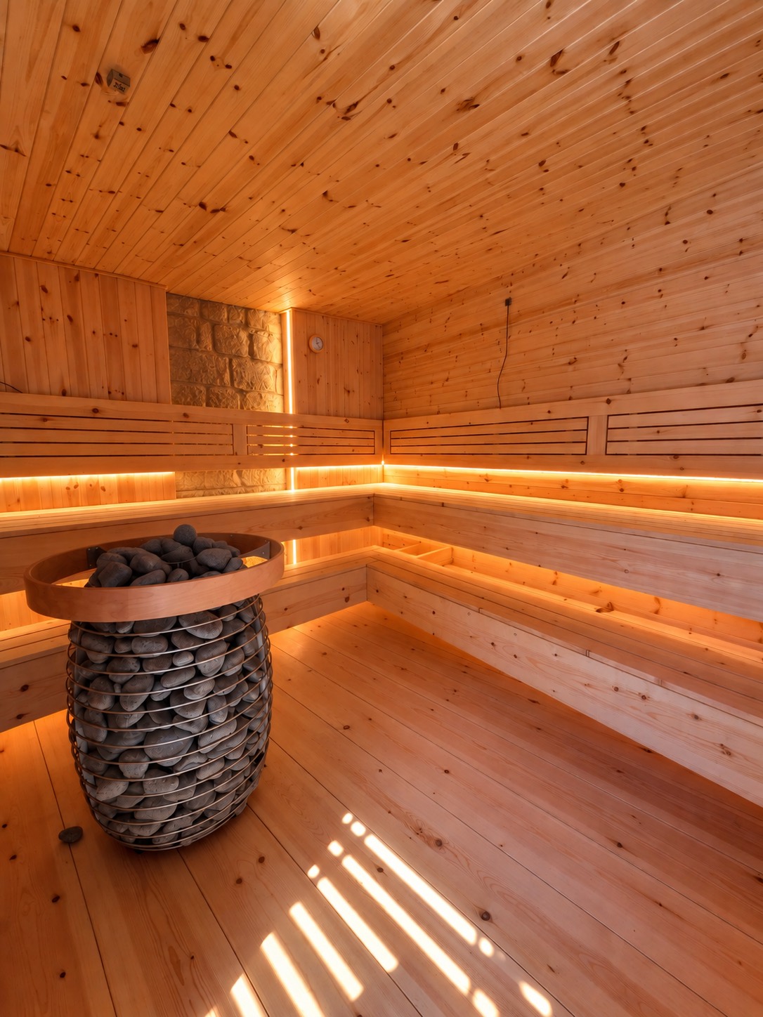 Inside the IRONSKY sauna: wooden benches on two levels and the stone-filled HUUM heater.